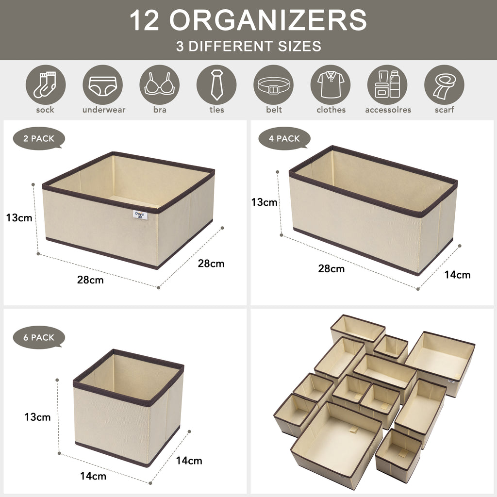 Dayelux™ Premium 12-Piece Fabric Drawer Organizer Set – منظم أدراج قماشي 12 قطعة بتصميم أنيق وعملية عالية