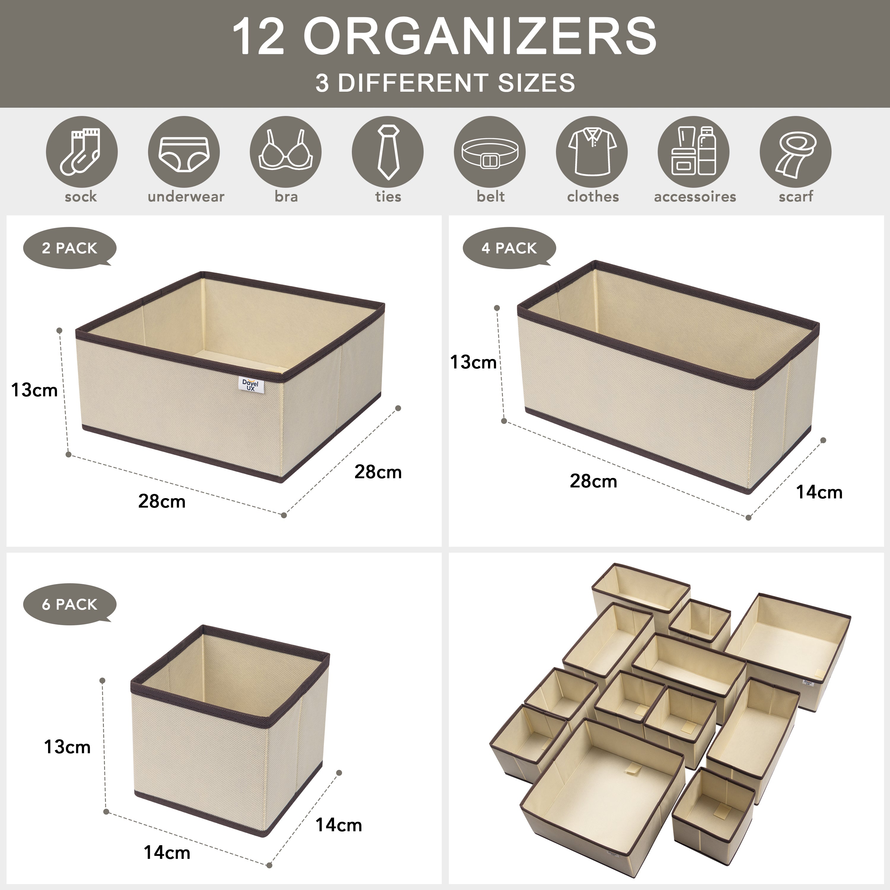 Dayelux™ Premium 12-Piece Fabric Drawer Organizer Set – منظم أدراج قماشي 12 قطعة بتصميم أنيق وعملية عالية